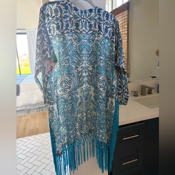JOHNNY WAS Bohemian floral Blue Kimono with Fringe Small - Picture 5 of 7